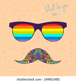 Card with glasses and mustache. Frame of ornament bright made in vector. Perfect cards, or for any other kind of design, birthday and other holiday. Hand drawn map with glasses. 