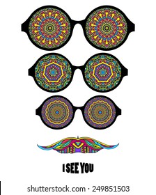 Card with glasses and mustache. Frame of ornament bright made in vector. Perfect cards, or for any other kind of design, birthday and other holiday. Hand drawn map with glasses. 