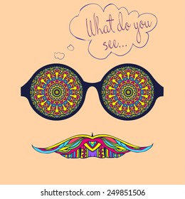 Card with glasses and mustache. Frame of ornament bright made in vector. Perfect cards, or for any other kind of design, birthday and other holiday. Hand drawn map with glasses. 