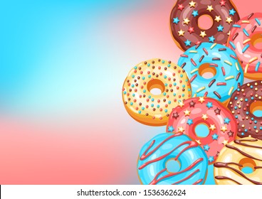 Card with glaze donuts and sprinkles. Background of various colored sweet pastries.