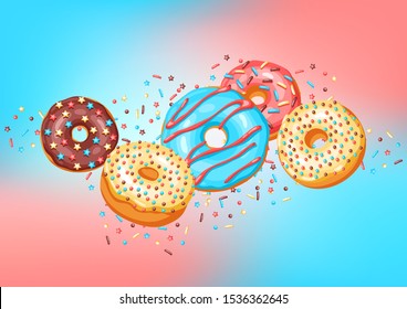 Card with glaze donuts and sprinkles. Background of various colored sweet pastries.