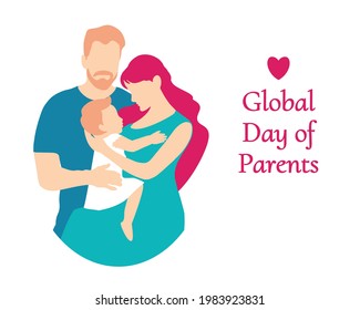 Card to the Global Day of Parents.
A man and a woman hug a child. Happy family with a baby girl. Loving parents. Vector art illustration. EPS10