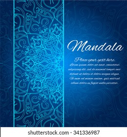 Card with glow mandala. Vector background. Blue invitation card. Geometric circle element.