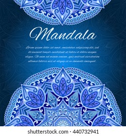 Card with glow mandala. Vector background. Blue invitation card. Geometric circle element. Islam, Arabic, ottoman, Indian, turkish, chinese motifs
