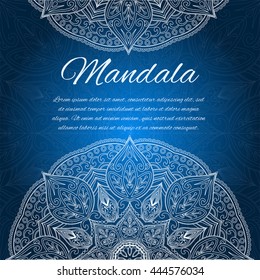 Card with glow mandala. Vector background. Blue invitation card. Geometric circle element. Islam, Arabic, ottoman, Indian, turkish, chinese motifs