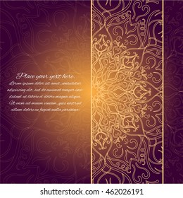 Card with glow mandala. Vector background. Brown mandala. Gold invitation card. Geometric circle element.