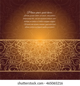 Card with glow mandala. Vector background. Brown mandala. Gold invitation card. Geometric circle element.