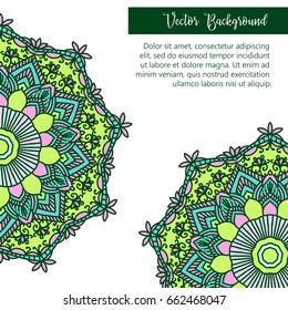 Card with glow mandala. Vector background. Geometric circle element. Islam, Arabic, Indian, turkish, chinese, ottoman motifs