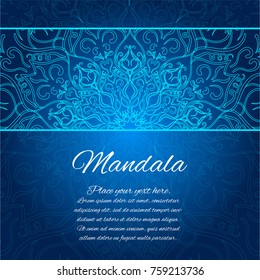 Card with glow mandala. Vector background. Blue invitation card. Geometric circle element.