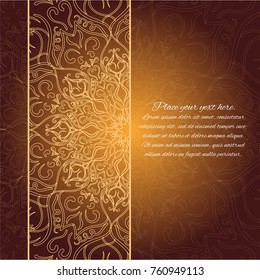 Card with glow mandala. Vector background. Brown invitation card. Geometric circle element.