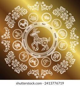  card goat with gold in ethnic  style, vector illustration 
