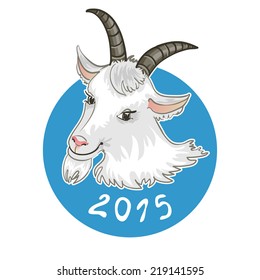 Card with goat on blue background, symbol of 2015 new year