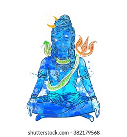 Card with God Shiva. Illustration of Happy Maha Shivaratri. Mahashivaratri festival. Hinduism in India. The God included, along with Brahma and Vishnu triad in the divine and supreme god in Saivism