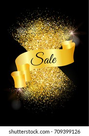 Card with gold glitter and bokeh effect. Golden ribbon with sale banner.