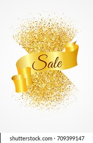 Card with gold glitter and bokeh effect. Golden ribbon with sale banner.