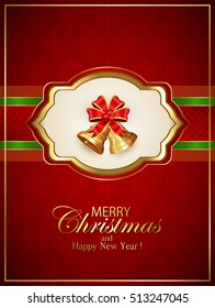 Card with golden Christmas bells and bow on red background with snowflakes, holiday decoration with inscriptions Merry Christmas and Happy New Year, illustration.