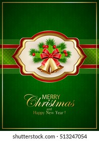 Card with golden Christmas bells, red bow, Holly berries and decorative spruce branches on green background, holiday decoration with snowflakes, Merry Christmas and Happy New Year, illustration.