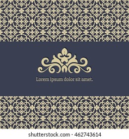 Card with golden colored ornamental borders of floral rhombus, Vintage frame and border