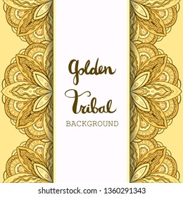 Card with golden ethnic Indian pattern. Background with tribal ornament in gold. Copy space. Vector illustration.