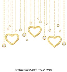 Card with golden heart and brilliants on a white background