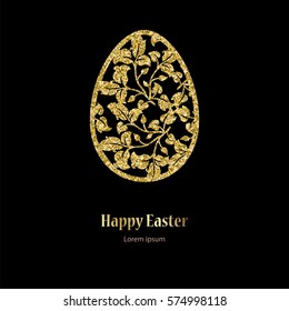 
Card with golden openwork Easter egg with leaves and space for text. Vector illustration EPS10.