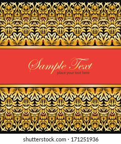 Card with golden ornamental borders. Vector illustration.