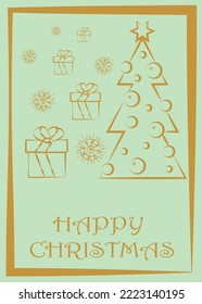 card with golden pattern - Christmas tree, gift boxes, snowflakes and inscription Happy Christmas - on a light green background, vector