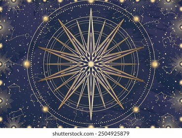 Card of golden star, sunburst, light rays, Sun. Constellation celestial space. Zodiac horoscope symbol, astrology talisman, spiritual sign, mystical icon, emblem. Magic galaxy vector illustration