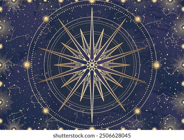 Card of golden star, sunburst, light rays, Sun. Constellation celestial space. Zodiac horoscope symbol, astrology talisman, spiritual sign, mystical icon, emblem. Magic galaxy vector illustration