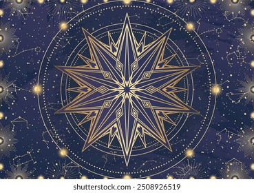 Cartão de estrela dourada, explosão solar, raios de luz, Sol. Constelação espaço celeste. Símbolo do horóscopo do zodíaco, talismã da astrologia, sinal espiritual, ícone místico, emblema. Ilustração do vetor da galáxia mágica