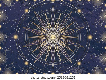 Cartão de estrela dourada, explosão solar, raios de luz, Sol. Constelação espaço celeste. Símbolo do horóscopo do zodíaco, talismã da astrologia, sinal espiritual, ícone místico, emblema. Ilustração do vetor da galáxia mágica