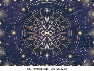 Cartão de estrela dourada, explosão solar, raios de luz, Sol. Constelação espaço celeste. Símbolo do horóscopo do zodíaco, talismã da astrologia, sinal espiritual, ícone místico, emblema. Ilustração do vetor da galáxia mágica