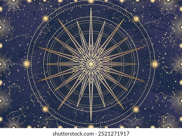 Card of golden star, sunburst, light rays, Sun. Constellation celestial space. Zodiac horoscope symbol, astrology talisman, spiritual sign, mystical icon, emblem. Magic galaxy vector illustration