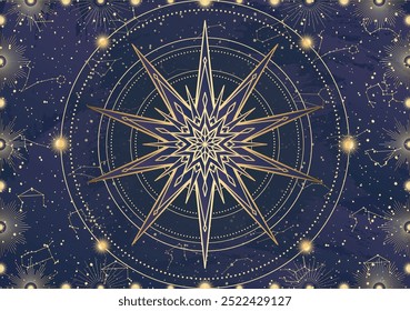 Card of golden star, sunburst, light rays, Sun. Constellation celestial space. Zodiac horoscope symbol, astrology talisman, spiritual sign, mystical icon, emblem. Magic galaxy vector illustration