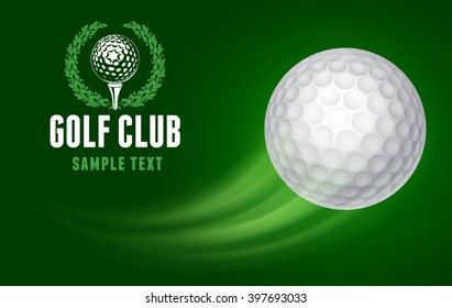 Card for Golf Club with Flying Golf Ball on Green Background. Realistic Vector Illustration. 