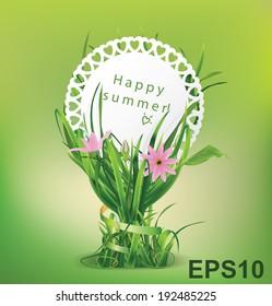 Card in grass and flowers. Vector illustration