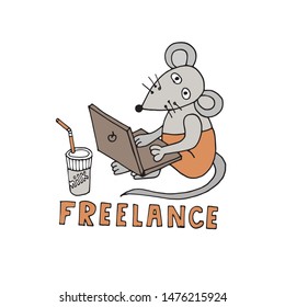 card with a gray mouse freelancer with a laptop computer and a cocktail on a white background and the word Freelance