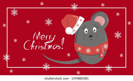 card with a gray mouse in a New Year's hat and scarf