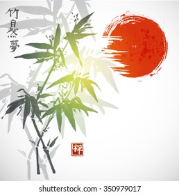 Card with green bamboo and red sun. Traditional Japanese ink painting sumi-e. Contains signs zen, bamboo, nature, blessing