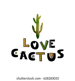 Card with green cactus and text like a cactus. Black and white Scandinavian style illustrations. Design for textile, Wallpaper, fabric. Simple drawing for a child's room. Vector illustration
