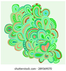 Card with green doodle flowers and abstract waves. Zentagles.