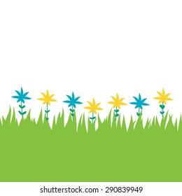 Card with green grass and flowers isolated on white background with empty space. Vector illustrator.