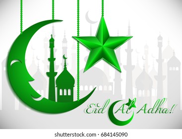 Card with green moon and star on white for greeting with Islamic holidays Ramadan, Eid al-Fitr, Eid al-Adha. Vector illustration