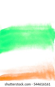 Card with green and orange blots. Watercolor painting for design. Abstract bright textured backdrop. Postcard, banner, logo, invitation. Hand paint isolated on white background. Vector illustration. 
