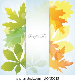 Card with green and orange leaves. Spring autumn background.