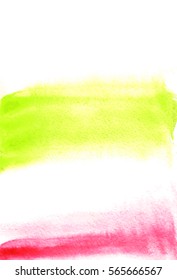 Card with green and pink blots. Watercolor painting for design. Abstract bright textured backdrop. Postcard, banner, logo, invitation. Hand paint isolated on white background. Vector illustration. 