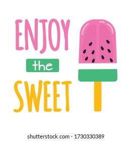 card of green pink fruit ice cream with lettering enjoy the sweet isolated on white background, vector llustration of ice cream in cartoon style