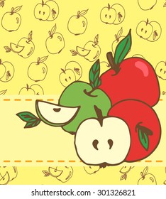Card with green and red apples. Hand drawing vector illustration