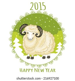 Card with green snowflake and little cute ram, symbol of 2015 new year, eps10
