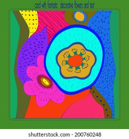 Card in green tones with decorative colored flowers and text in a rounded rectangle.